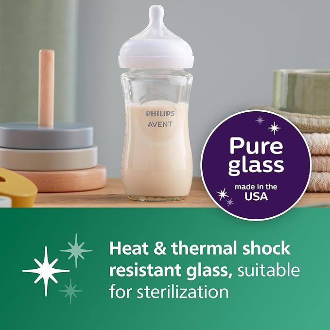 Philips Avent Natural Glass Baby Bottles with Natural Response Nipples (Medium Flow, Flow 3), 8oz, 2-Pack, SCY913/02