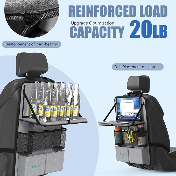 Car Backseat Organizer with Tablet Holder,11 Storage Pockets with Foldable Food Tray, Protector Kick Mats for Kids, Travel Accessories Organizer (Gray, 1Pack)