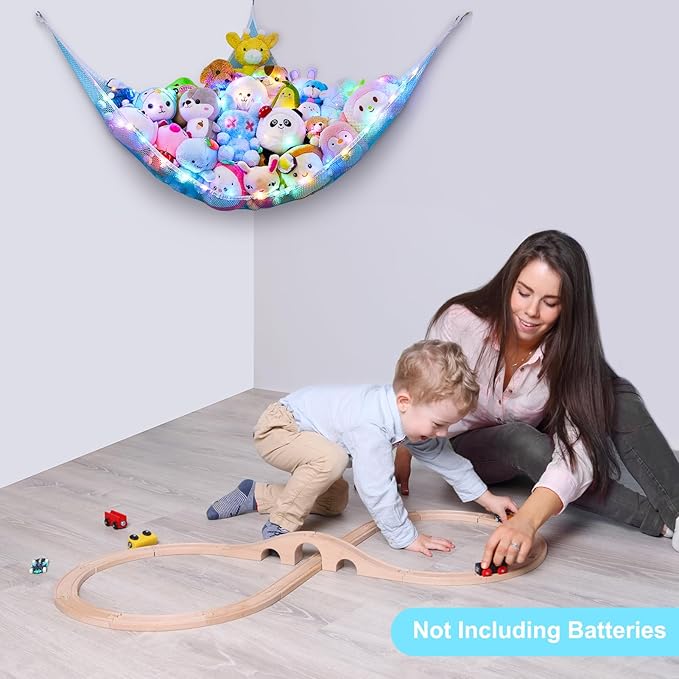 Unicorn Castle Stuffed Animals Net or Hammock Kids Toy Storage Organizer with LED Light Hanging Corner Stuffed Animals Holder Kids Girls Room Decor (Pack of 1)