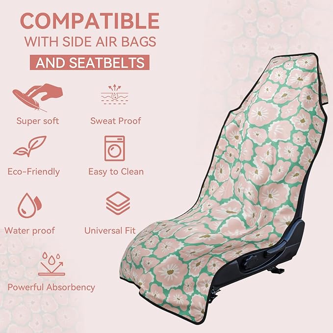Booty Barrier - Highly Water-Resistant Washable Car Seat Cover for Post-Workout and Kids - Soft, Absorbent, Eco-Friendly Fabric Made from Recycled Water Bottles (Flower Power)