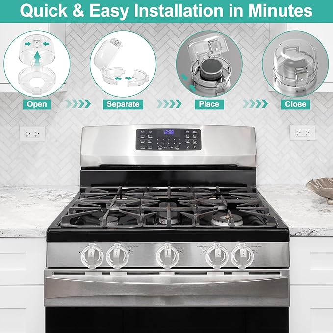GRENFU Stove Knob Safety Covers (5 + 1 Pack) - Double-Key, Universal Size Gas Stove Knob Locks with Strong Double-Sided Tape, Heat-Resistant Oven Knob Covers for Child Safety/Pet Safety, Clear View