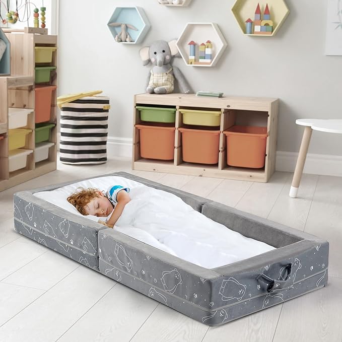 Portable Toddler Travel Bed – Foldable Soft Foam Floor Crib with Washable Cover, Built-in Safety Rails, No Assembly, Compact for Travel & Home Use, Grey