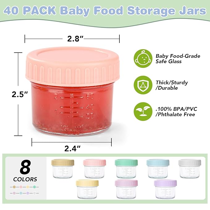 40 Pack Glass Baby Food Storage Containers, 4 oz Leakproof Baby Food Jars with Lids, Small Glass Food Containers for Infant Baby, Freezer & Microwave Safe, BPA Free