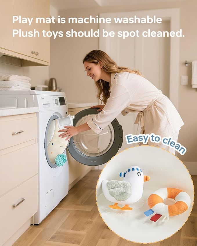 Baby Play Gym Activity Mat, 5 Developmental Zones Wooden Tummy Time Mat with 7 Detachable Sensory Toys for Motor Skills & Sensory Development, Baby Essentials Shower Gift, Easy to Install