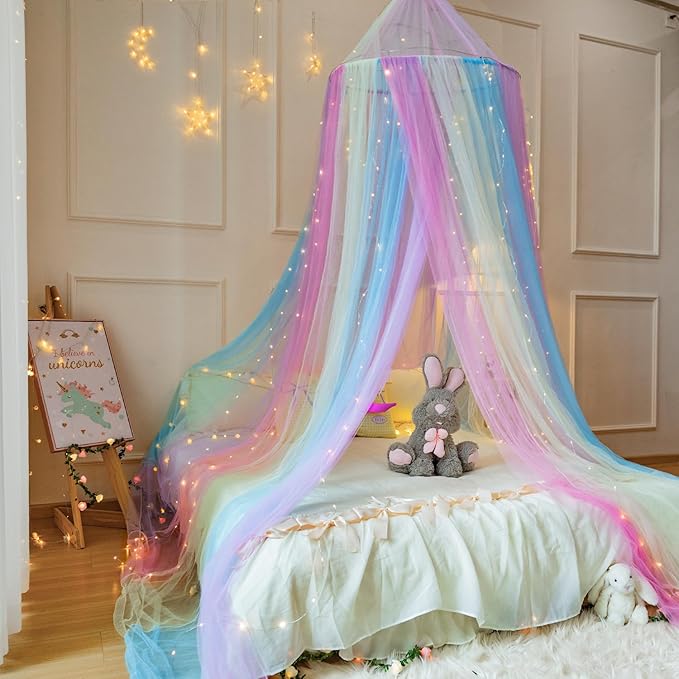 Rainbow Bed Canopy with Warm Fairy Lights,X-Large Princess Canopy Hanging Netting for Girls Bedroom Decor,Kids Fairy Dream Play Tent for Room,Reading Corner