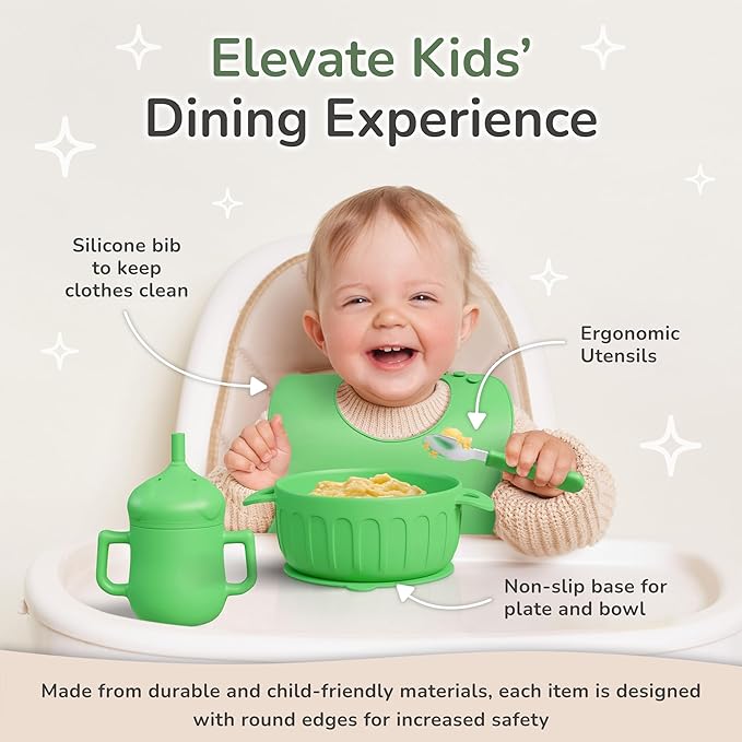 mimi & kiki BPA-Free Silicone Baby Feeding Set, Baby Plates and Bowls Set, Baby Led Weaning Supplies, Silicone Suction Plate, Baby Utensils, Bib and Cup, Self Feeding, Dishwasher Safe (Green)