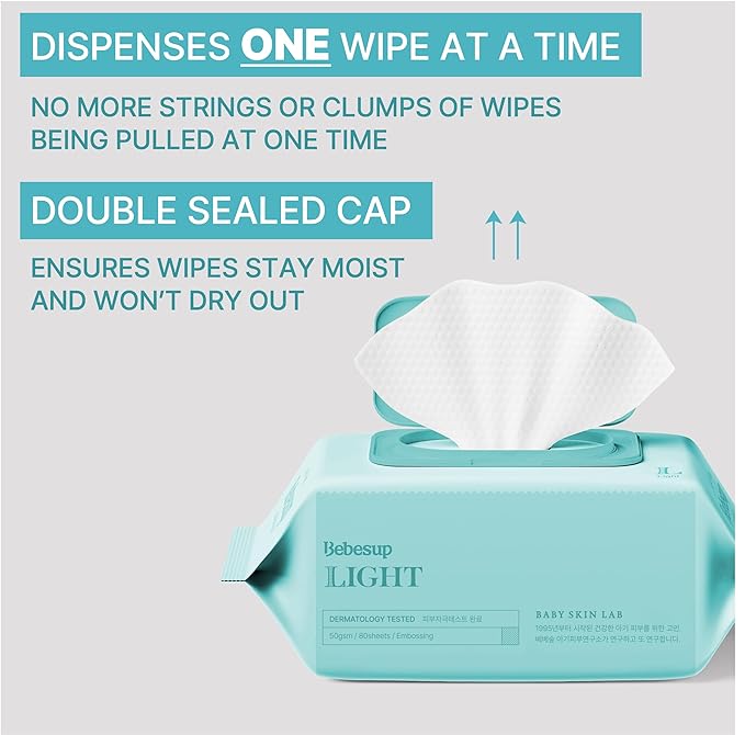 BEBESUP- Korea's #1 Light Baby Wipes - Safe even for Atopic Skin Hypoallergenic Water-Based Unscented Alcohol & Paraben-Free Organic Flip-Top Plant Based Organic Baby Wipes (640 Count 8 Packs)