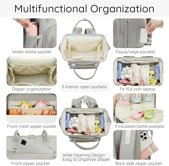 AIJIEKE Diaper Bag, Large Wide-Open Baby Diaper Backpack, Multi-functional Baby Travel Tote Bag, Diaper Bag with Changing Pad, Diaper Bags for Mom & Maternity (Grey)