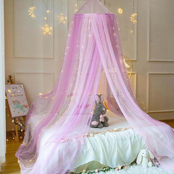 Princess Pink Purple Bed Canopy with Warm Fairy Lights for Girls Bed Net,X-Large Princess Canopy Hanging Netting for Girls Bedroom Decor,Kids Fairy Dream Play Tent for Room,Reading Corner