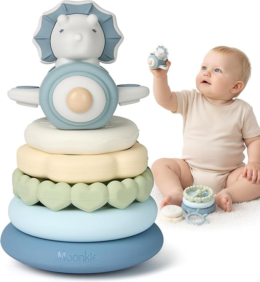 Moonkie Dinosaur Baby Stacking Toys | 7-Piece Silicone Rings for Teething Relief | Educational Toy for Infants & Toddlers 6 Months+ | Baby Boy Essentials