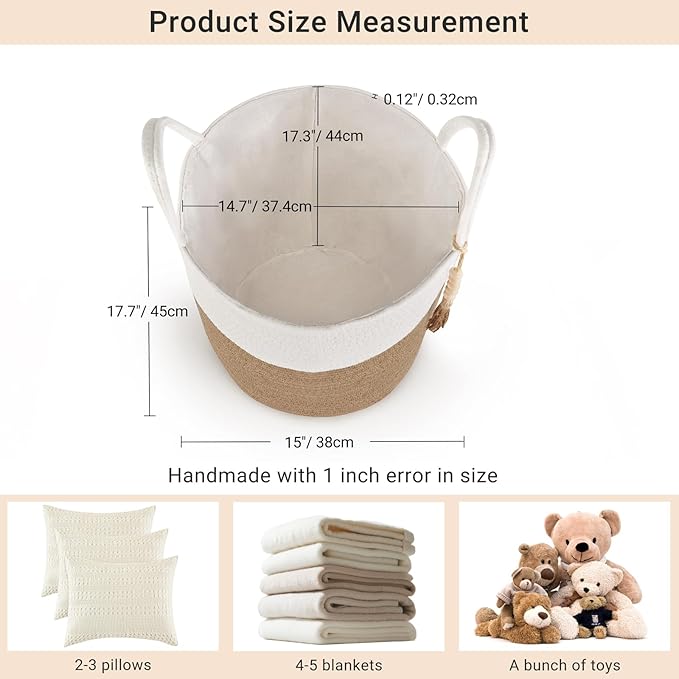 Mkono Woven Storage Basket Decorative Rope Basket Wooden Bead Decoration for Blankets,Toys,Clothes,Shoes,Plant Organizer Bin with Handles Living Room Home Decor, 15"Wx17.7"L,White and Yellow