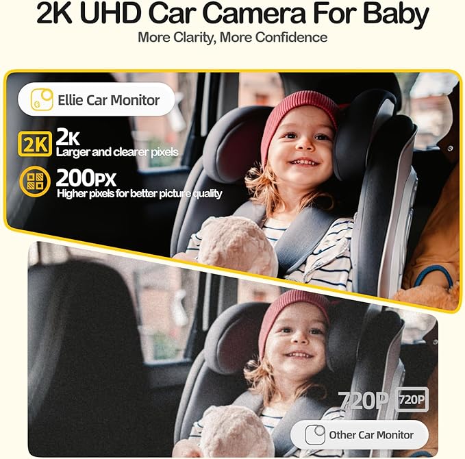 Ellie Baby Car Monitor, 2K UHD Backseat Monitor with Color Night Vision, Face Tracking, Dual Display for 2 Kids, Wide View Car Baby Camera, Smart Video Capture & App Control