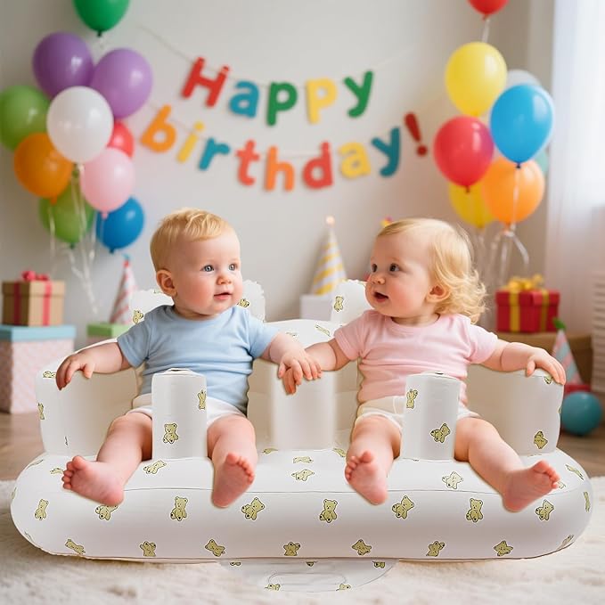 Baby Inflatable Seat for Twins Babies 3 Month and Up, Side-by-Side Double Inflatable Floor Chair for Sitting Up with Built in Air Pump, Blow Up Baby Chair for Infants - Twins Bear