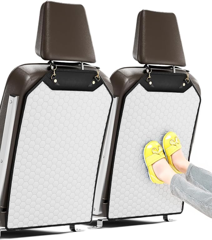 Owleys Kick Mats - Luxury Eco-Leather Back Seat Covers 27.5"x 19" - Waterproof Car Protectors for Kids Feet - Premium Gift for Family Cars SUV Sedan Truck - 2-Pack White