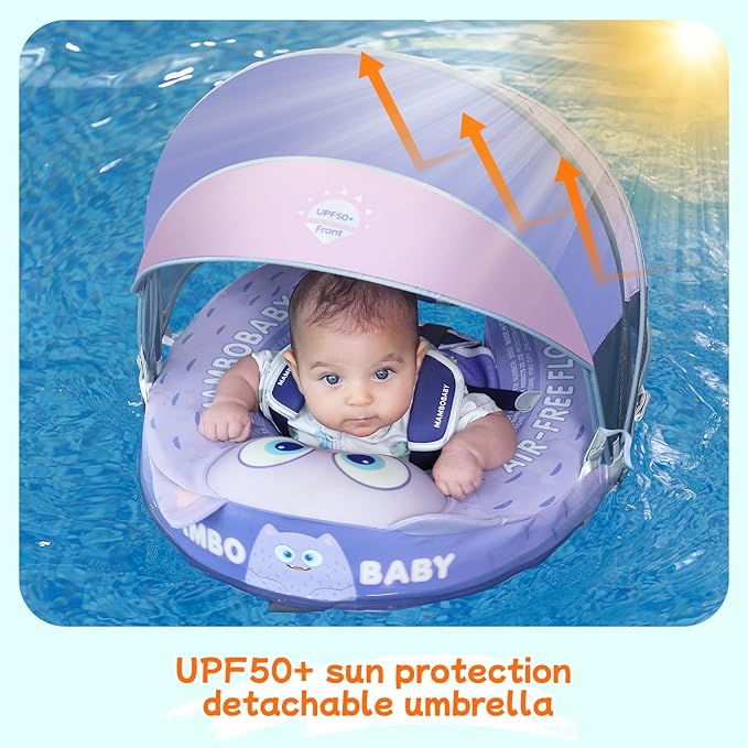 Mambobaby Float with Canopy and Tail New Upgraded Non-Inflatable Baby Pool Float Mambo Float Swim Trainer Solid Infant Swim Float Adjustable Pearl Foam Baby Swim Ring