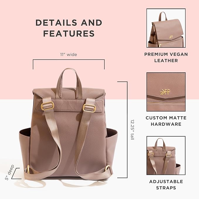 Freshly Picked Mini Classic Diaper Bag Backpack, Wipeable Vegan Leather, 8 Pockets Total (Heather)