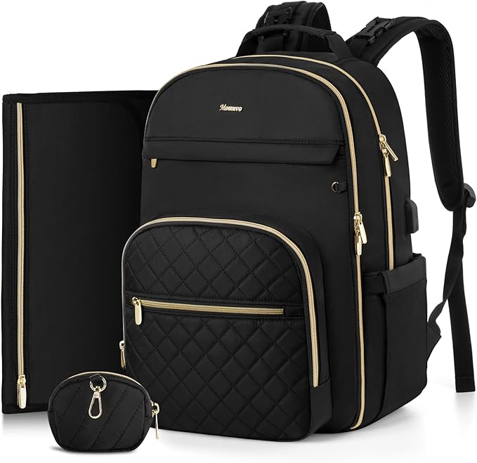 MOMUVO Diaper Bag Backpack, Quilted Baby Bag with Changing Pad and Stroller Straps and Pacifier Case, Large Travel Diaper Bags for Mom Dad,Black