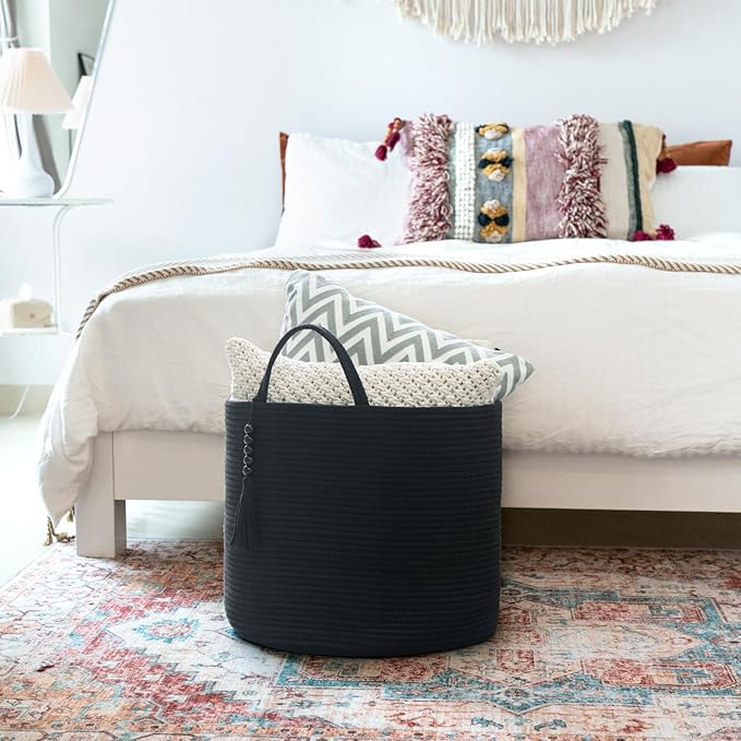 Mkono Woven Storage Basket Decorative Natural Rope Basket Wooden Bead Decoration for Blankets,Toys,Clothes,Shoes,Plant Organizer Bin with Handles Living Room Home Decor, 16"W×13.8"L, Black