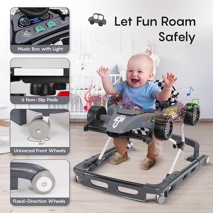 Baby Walker with Wheels, 4-in-1 Baby Walker for Boys Girls Foldable Activity Walker with Adjustable Height Toddler Infant Walker with Music and Lights Walker for Baby 6-24 Months, Grey