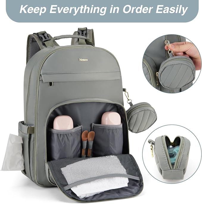 MOMUVO Diaper Bag Backpack, Quilted Baby Bag with Changing Pad & Stroller Straps & Pacifier Case, Multifunction Waterproof Travel Diaper Bags, Unisex, Olive Green