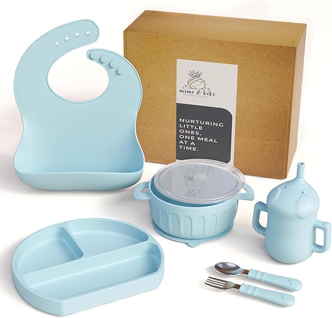 mimi & kiki BPA-Free Silicone Baby Feeding Set, Baby Plates and Bowls Set, Baby Led Weaning Supplies, Silicone Suction Plate, Baby Utensils, Bib and Cup, Self Feeding, Dishwasher Safe (Light Blue)