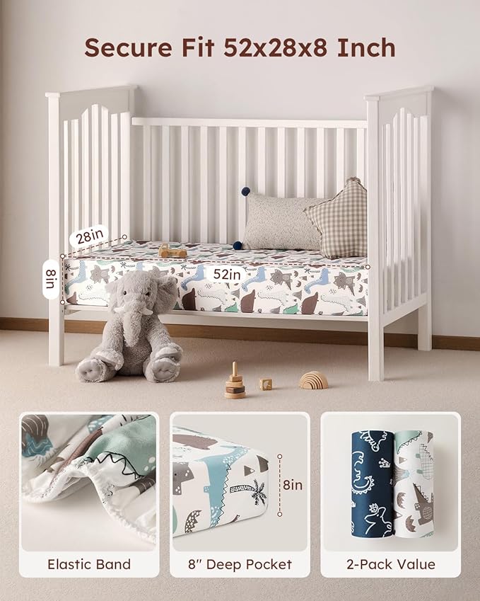 Yoofoss Baby Crib Sheets 2 Pack for Boys and Girls - 52x28 Fitted Crib Sheet Neutral Fits for Standard Crib and Toddler Mattress, Ultra Soft Breathable Microfiber Dark Blue Dinosaurs