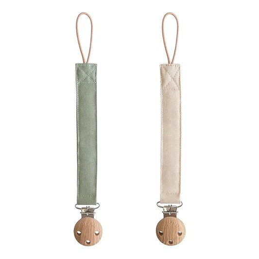 mushie Linen Baby Pacifier Clip Holder | Soft Fabric Strap, 2-Pack (Olive/Shifting Sand)