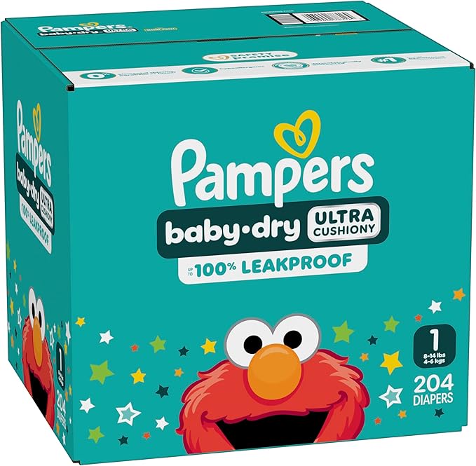 Pampers Diapers - Baby Dry - Size 1, 204 Count, Absorbent Disposable Infant Diaper (Packaging May Vary)