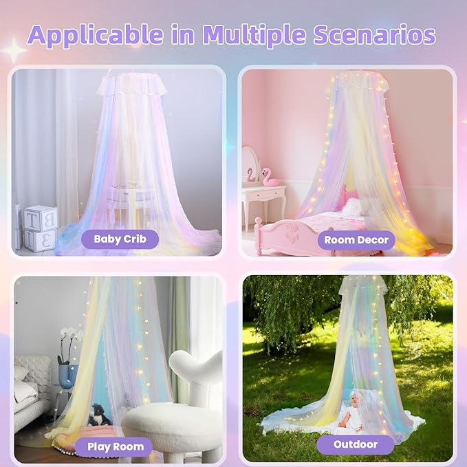 Rainbow Bed Canopy with Lights for Girls | Double Layer Mesh Netting Princess's Birthday Gift Ruffle Lace Decor for Room Bed Canopy Netting Mosquito Net | Home Decor for Twin/Full/Queen/King