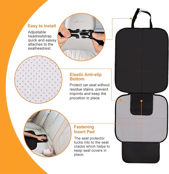 SMART ELF Car Seat Protector for Child Car Seat, 1Pack Car Baby Seat Protector with red line Design, Car Seat Mat with Non-Slip Bottom and 2 mesh Storage Pockets, Suit for Sedan, SUV, Trucks (Black)