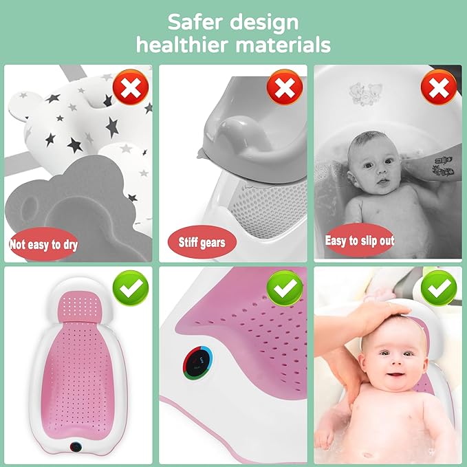 Baby Bath Support | Newborn Bathtub,Ergonomically Designed with Thermometer Collapsible Baby Bathtub Baby Bather, Baby tubs for Baby tubs for Newborn Essentials Must Haves (Pink)