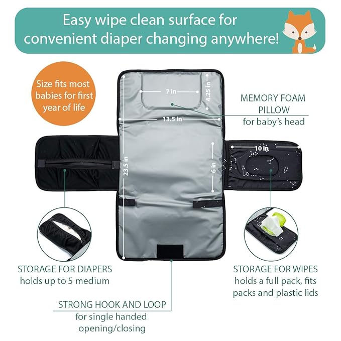 Lil Fox Portable Changing Pad - One-Hand Diaper Change Pad for Baby Diaper Bag or Changing Table. Unisex Baby Shower Gifts, Newborn Essentials