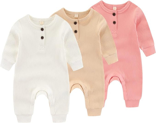 Newborn Baby Boys Girls One Piece Romper With Mitten Cuffs 3 Pack Long Sleeve Ribbed Button Jumpsuit Outfit Clothes