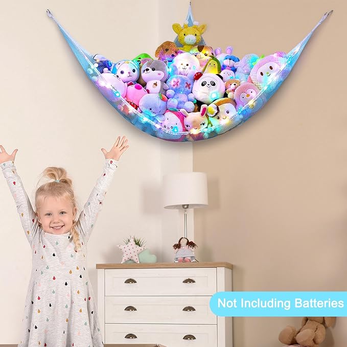 Unicorn Castle Stuffed Animals Net or Hammock Kids Toy Storage Organizer with LED Light Hanging Corner Stuffed Animals Holder Kids Girls Room Decor (Pack of 1)