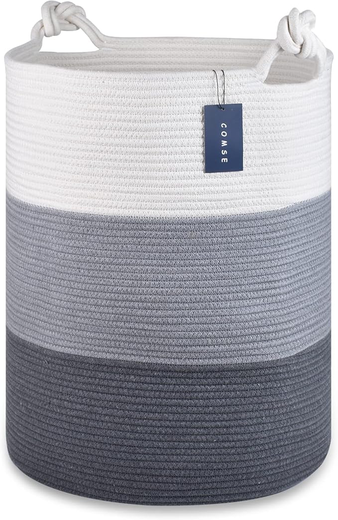 COMSE Laundry Hamper, Extra Large 15.7"x 21.7", Cotton Rope Basket, Portable, White & Light Gray & Dark Gray