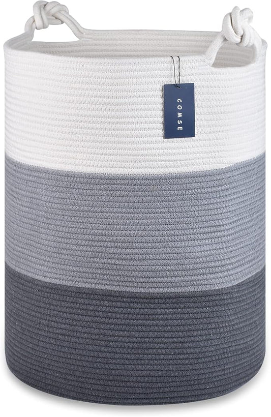 COMSE Laundry Hamper, Extra Large 15.7"x 21.7", Cotton Rope Basket, Portable, White & Light Gray & Dark Gray