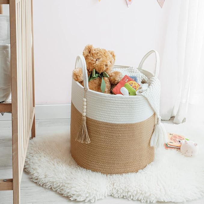 Mkono Woven Storage Basket Decorative Rope Basket Wooden Bead Decoration for Blankets,Toys,Clothes,Shoes,Plant Organizer Bin with Handles Living Room Home Decor, 15"Wx17.7"L,White and Yellow