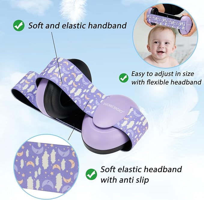 Infant Ear Protection Noise Cancelling Baby Ear Muffs, Toddler Hearing Protection with Adjustable Elastic Headband (Moon,Purple