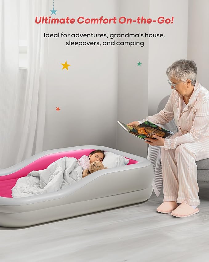 QPAU Inflatable Toddler Travel Bed with 3-Sided Safety Bumpers, Extra Large Kids Air Mattress, Includes Detachable Mattress, Portable for Camping, Travel, Home Use (Red)