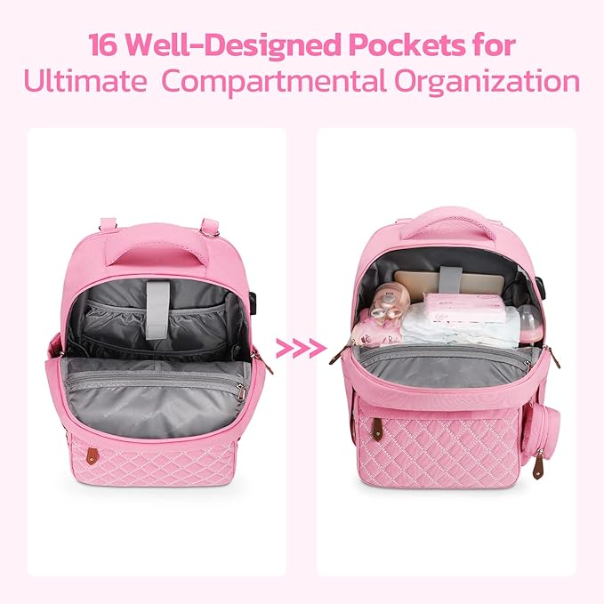 Maelstrom Large Diaper Bag,29L-45L Expandable Diaper Bag Backpack for 2 Kids/Twins Baby Stuff, with Removable Cross Body Bottle Bag for Mom/Dad, Stylish Baby Bag Gift for Boys/Girl-Pink