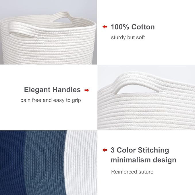 Large Blanket Basket, Nursery Hamper, Tall Laundry Basket 72L, Cotton Rope Woven Laundry Hamper for Storage Toys Clothes Towels, 16”x 22”, White & Cadet Blue & Navy Blue
