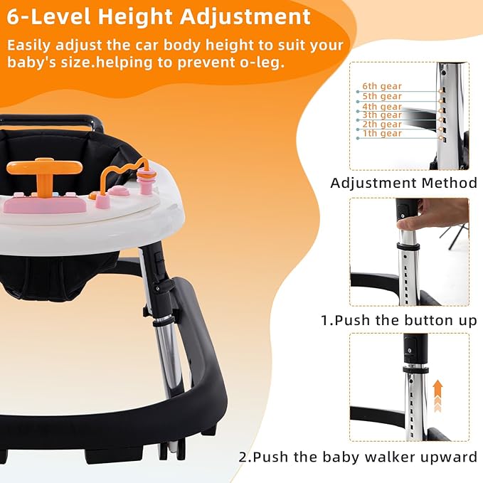 Baby Walker Foldable with Music and Lights,Portable Baby Walker with Wheels,9 Adjustable Heights,Removable Tray&Footrest, Speed Adjustable,Infant Toddler Walker for Baby Boy Girls 6-18 Months (Black)