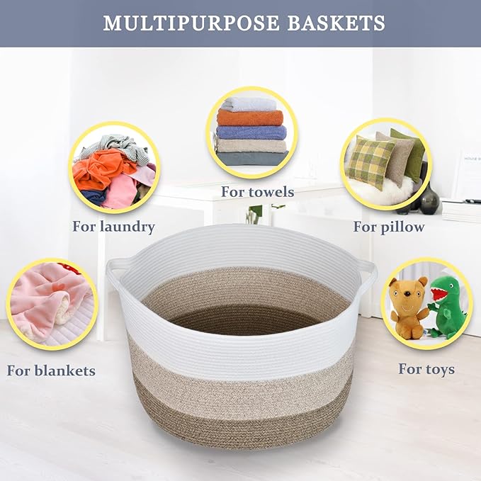 Extra Large Blanket Basket 87L, Laundry Hamper, Baby Nursery Hamper for Storage Toys Clothes Towels, Large Cotton Rope Laundry Basket for Girls Boys, 22”x 14”, White & Gradient Brown