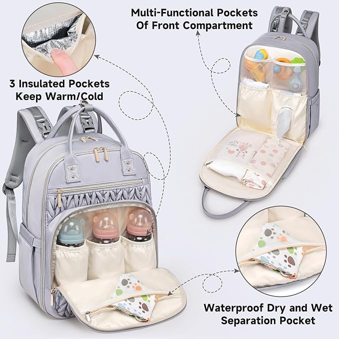Diaper Bag Backpack,Stylish Baby Diaper Bag,Waterproof Travel Diaper Backpacks Baby Bags with Changing Pad,Stroller Straps,Insulated Pockets (Gray)