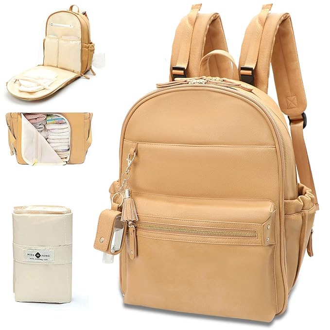 miss fong Leather Diaper Bag Backpack Baby Diaper Bag with 16 Pockets Baby Bag with Hand Sanitizer Holder, Changing Pad, 2 Insulated Pockets(Peanut)