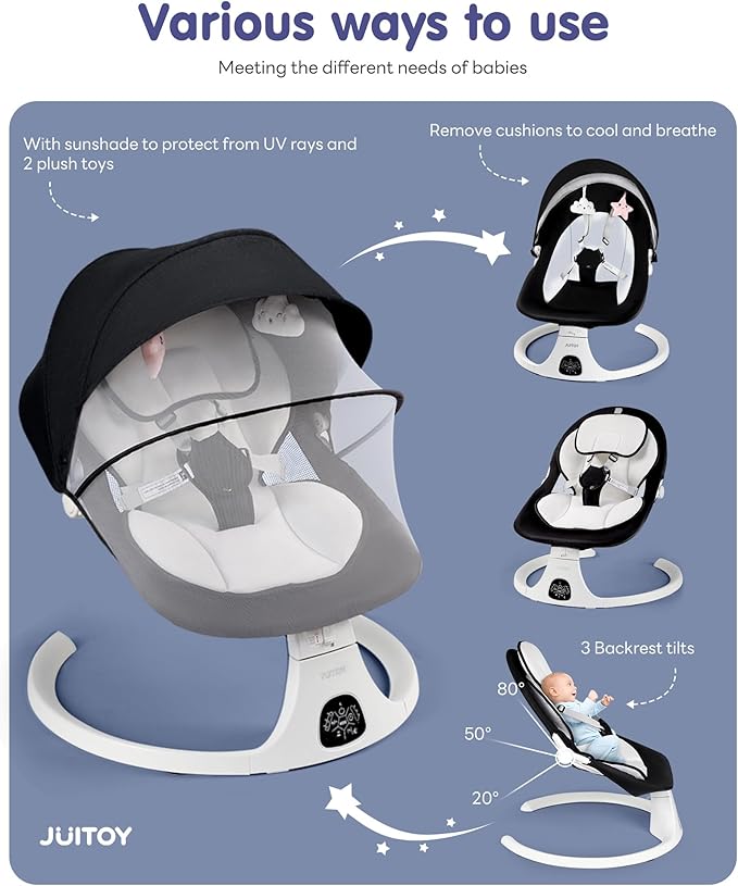 Baby Swing for Infants to Toddler Electric Newborn Swing with 5-Speed 3-Seat Positions 5-Point Carabiner,with Bluetooth Music 10-Preset Melodies, Indoor and Outdoor use