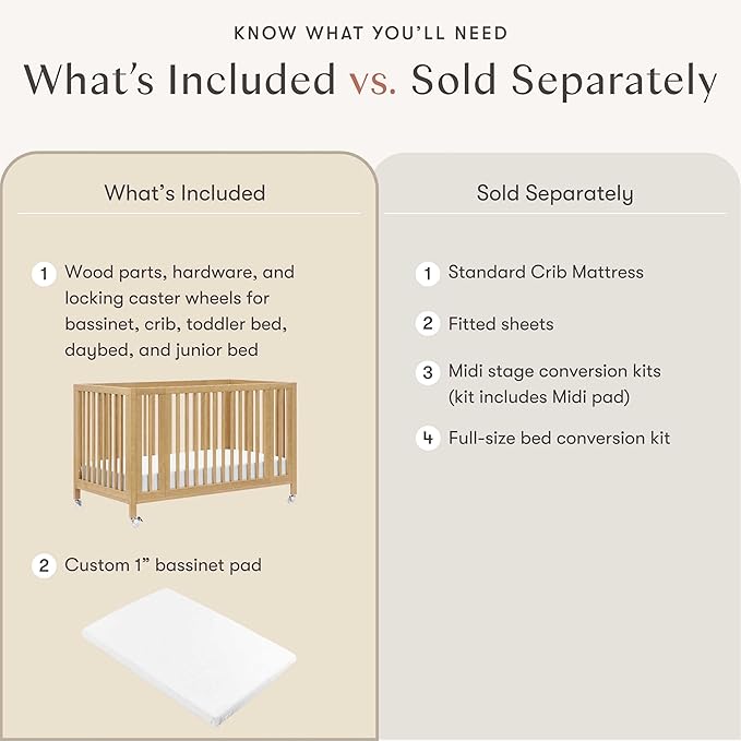 babyletto Rolli 9-in-1 Convertible Baby Crib w/Wheels - Includes Pad & Conversion Kits for Bassinet, Standard Crib, Toddler Bed, Daybed & Junior Bed - GREENGUARD Gold - 3 Adjustable Heights - Honey