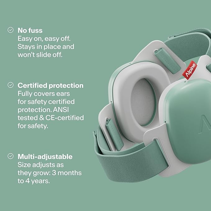 Alpine Muffy Baby Comfort - Protects Hearing for Babies and Toddlers - CE & ANSI Certified - Unique Headband for Safe fit & Comfort - Multi-adjustable for Ages 3-48 Months, 24dB Sound Reduction, Green