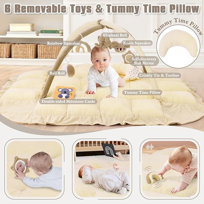 5-in-1 Plush Baby Play Gym, Baby Play Mats, Convertible Baby Gym with Pillow, Tummy time mat, Baby&Ped Bed, 6 Sensory Toys, Baby Activity Center from Newborn to Toddler, Ball Pit, Rectangular Cream