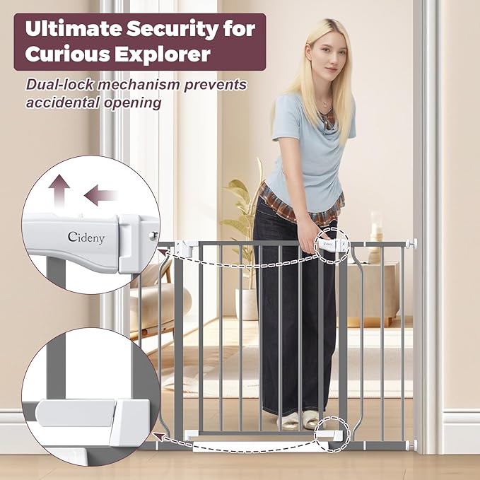 29"-40" Baby Gate for Stairs, Auto Close Stroller Friendly Dog Gate Indoor for Doorways, Pressure Mounted Baby Gate, Easy Walk Through Gate for Children & Pets, Grey